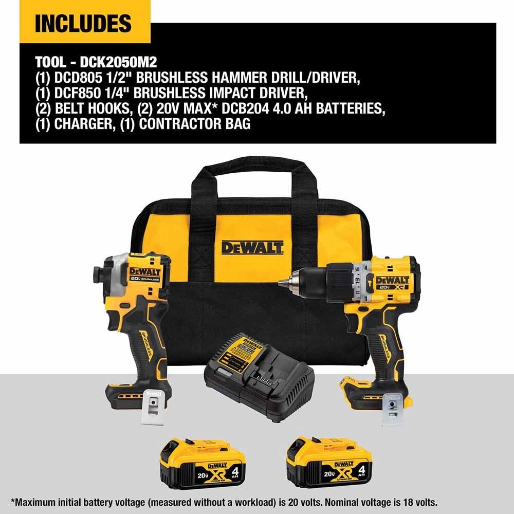 DeWalt DCK2050M2 20V Max Brushless Cordless XR 1/2 In. Hammer Drill/Driver And Atomic 1/4 In. Impact Driver Kit With 4.0Ah Batteries
