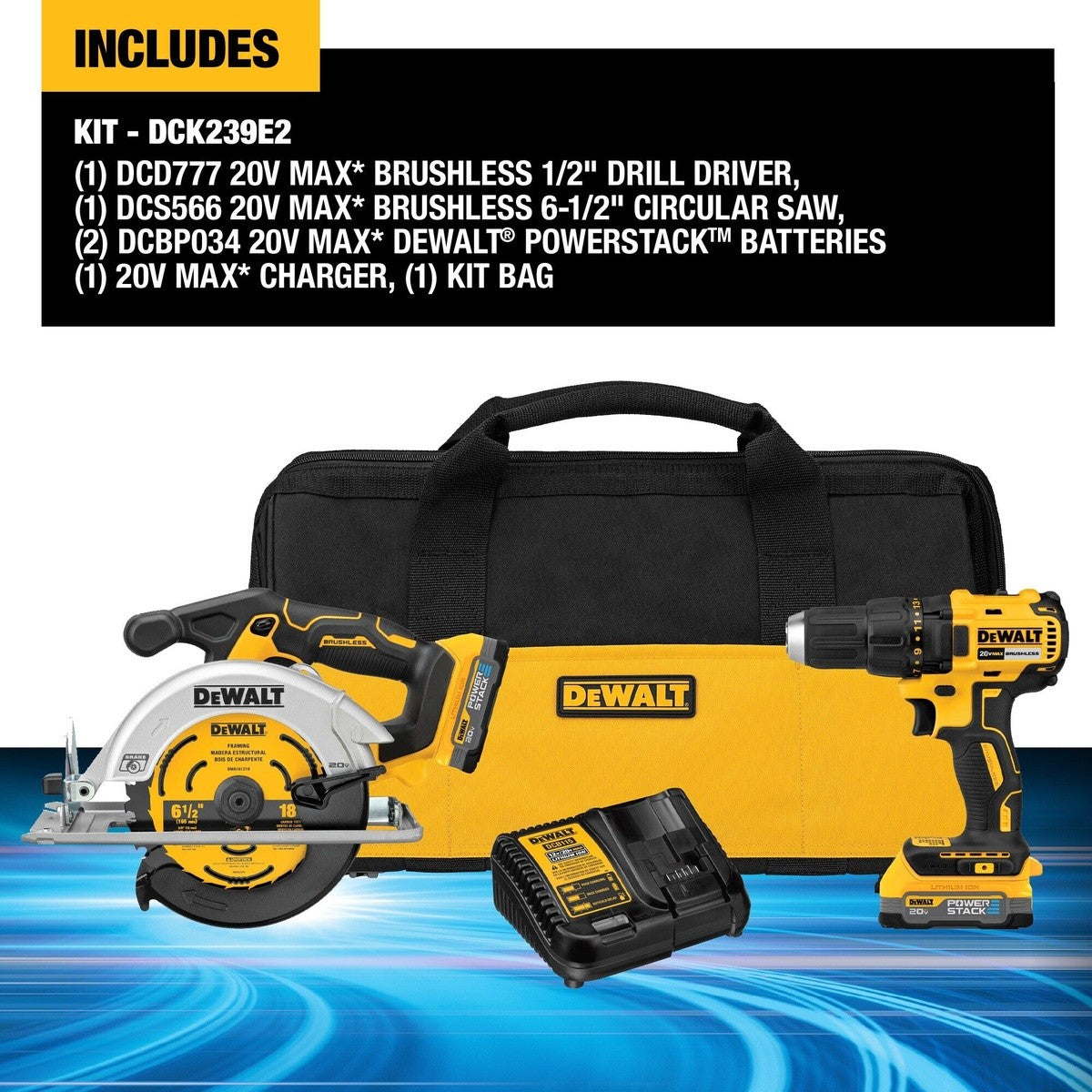 DeWalt DCK239E2 20V MAX Brushless Cordless Circular Saw & Drill Combo Kit with POWERSTACK Batteries