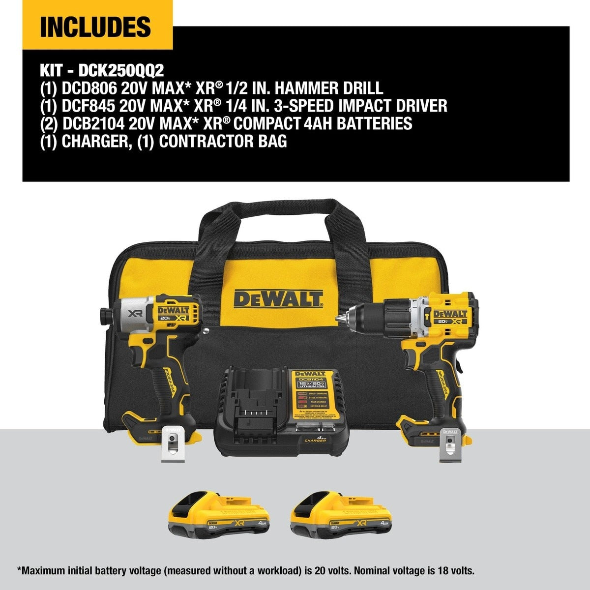 DeWalt DCK250QQ2 20V MAXXR 2-Tool Hammer Drill/Impact Combo Kit with POWERPACK Batteries
