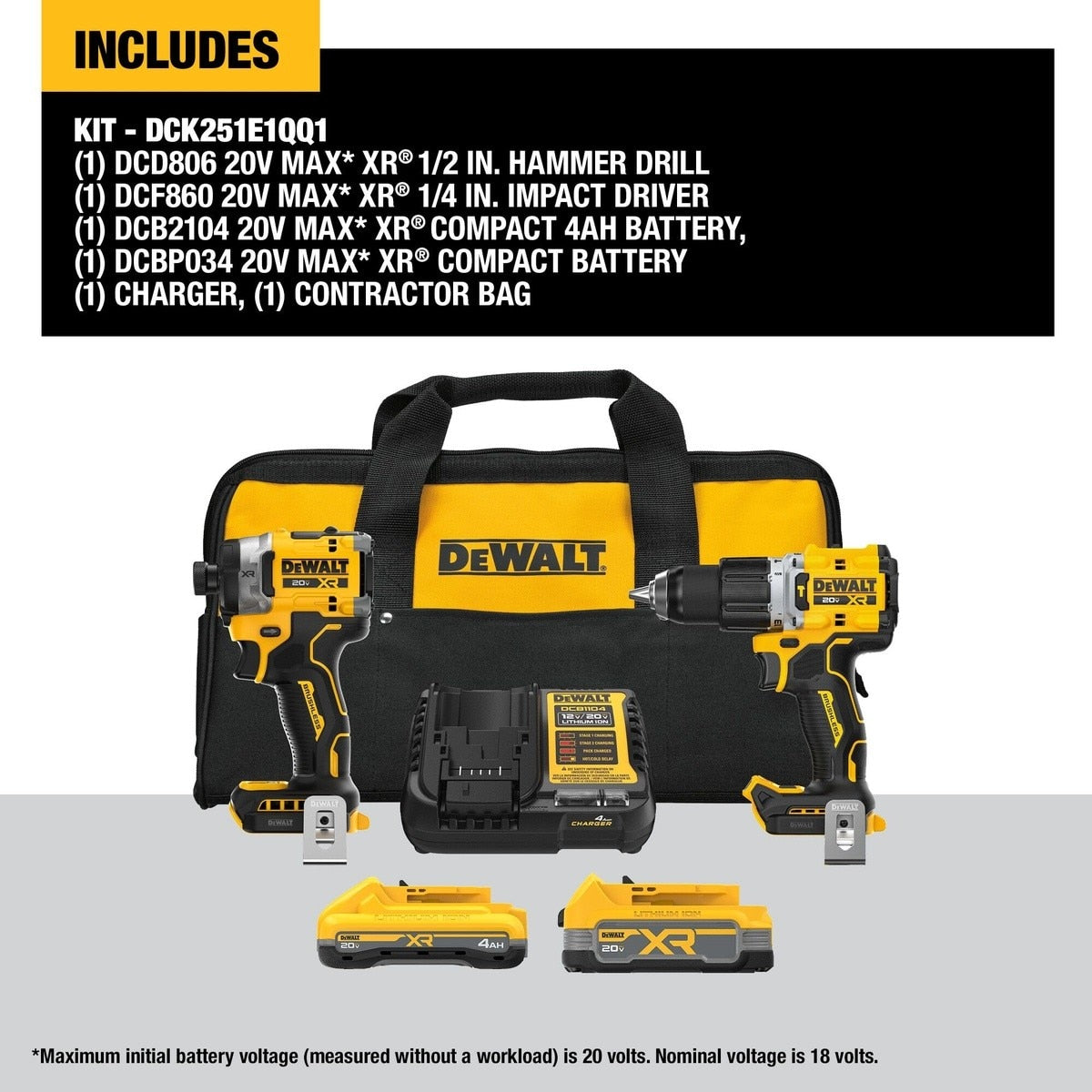 DeWalt DCK251E1QQ1 20V MAX Brushless 2-Tool Combo Kit with XR Batteries