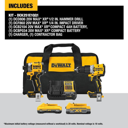 DeWalt DCK251E1QQ1 20V MAX Brushless 2-Tool Combo Kit with XR Batteries