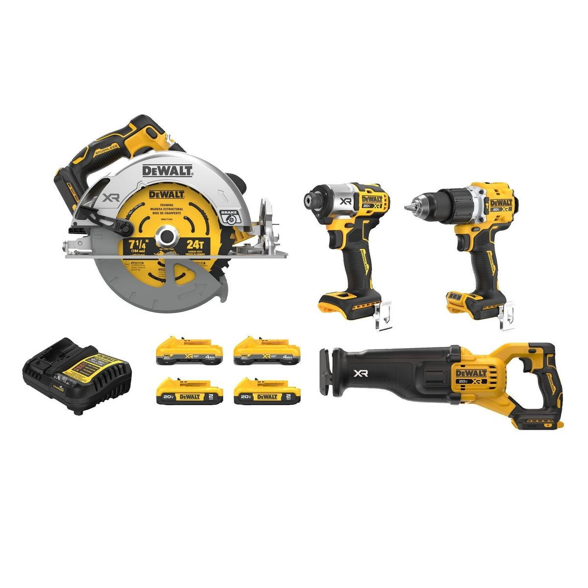 DeWalt DCK449QQ2D2 20V MAX XR Brushless Cordless 4-Tool Combo Kit with Batteries and Charger (4 Batteries, Charger)