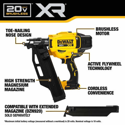 DeWalt DCN920B 20V MAX XR  Brushless Cordless 21 Degree  Plastic Collated Framing Nailer (Tool Only)