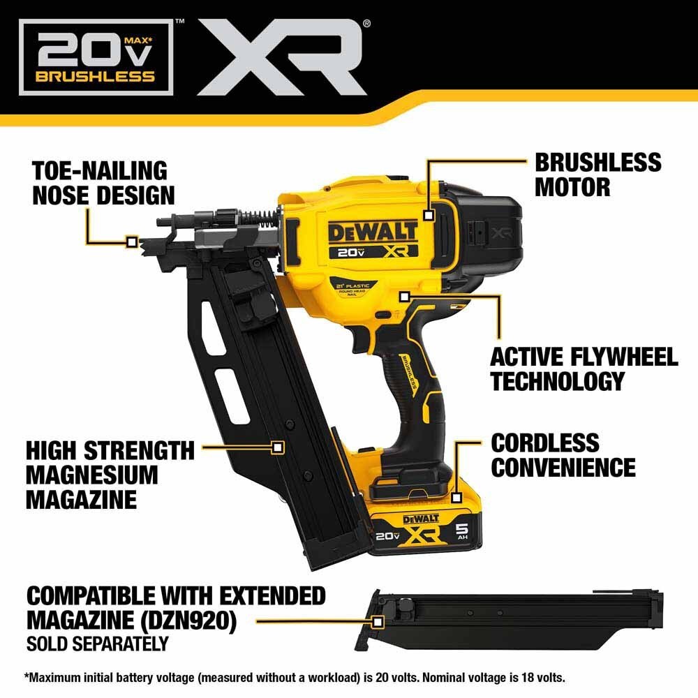 DeWalt DCN920P1 20V MAX XR Brushless Cordless 21 Degree Plastic Collated Framing Nailer Kit