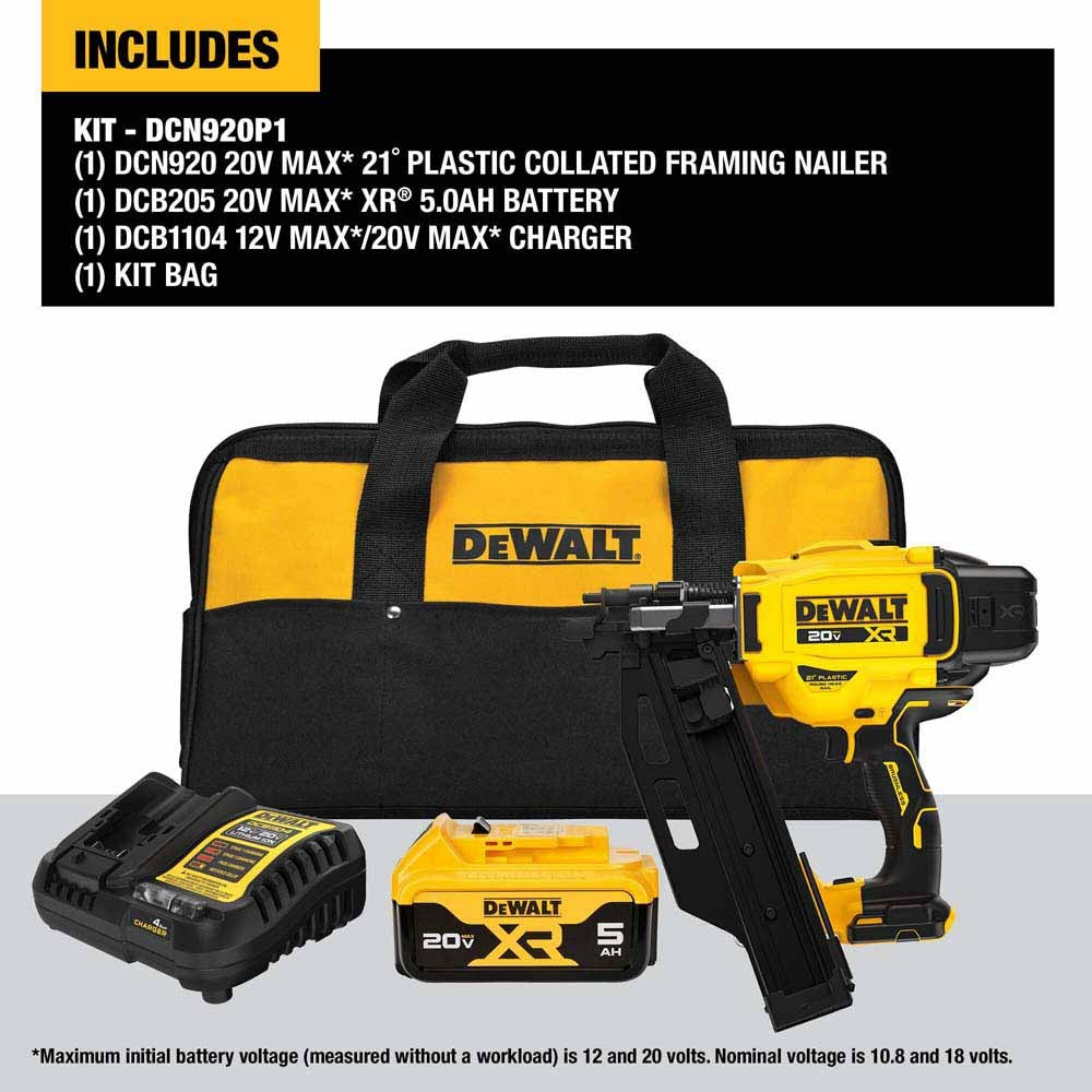 DeWalt DCN920P1 20V MAX XR Brushless Cordless 21 Degree Plastic Collated Framing Nailer Kit