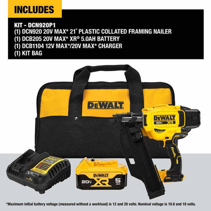 DeWalt DCN920P1 20V MAX XR Brushless Cordless 21 Degree Plastic Collated Framing Nailer Kit