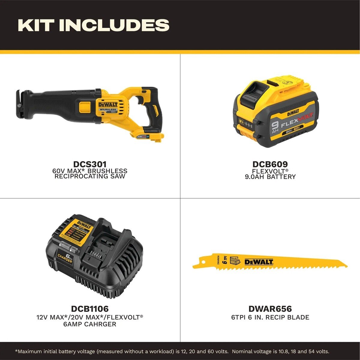 DeWalt DCS301X1 60V MAX Brushless Cordless Reciprocating Saw Kit with 9.0Ah FLEXVOLT Battery and Charger (1 Kit)