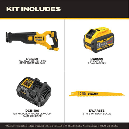 DeWalt DCS301X1 60V MAX Brushless Cordless Reciprocating Saw Kit with 9.0Ah FLEXVOLT Battery and Charger (1 Kit)