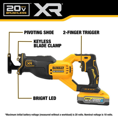 DeWalt DCS382H1 20V Max XR Brushless Cordless Reciprocating Saw Kit With Dewalt Powerstack 5.0 Ah Battery