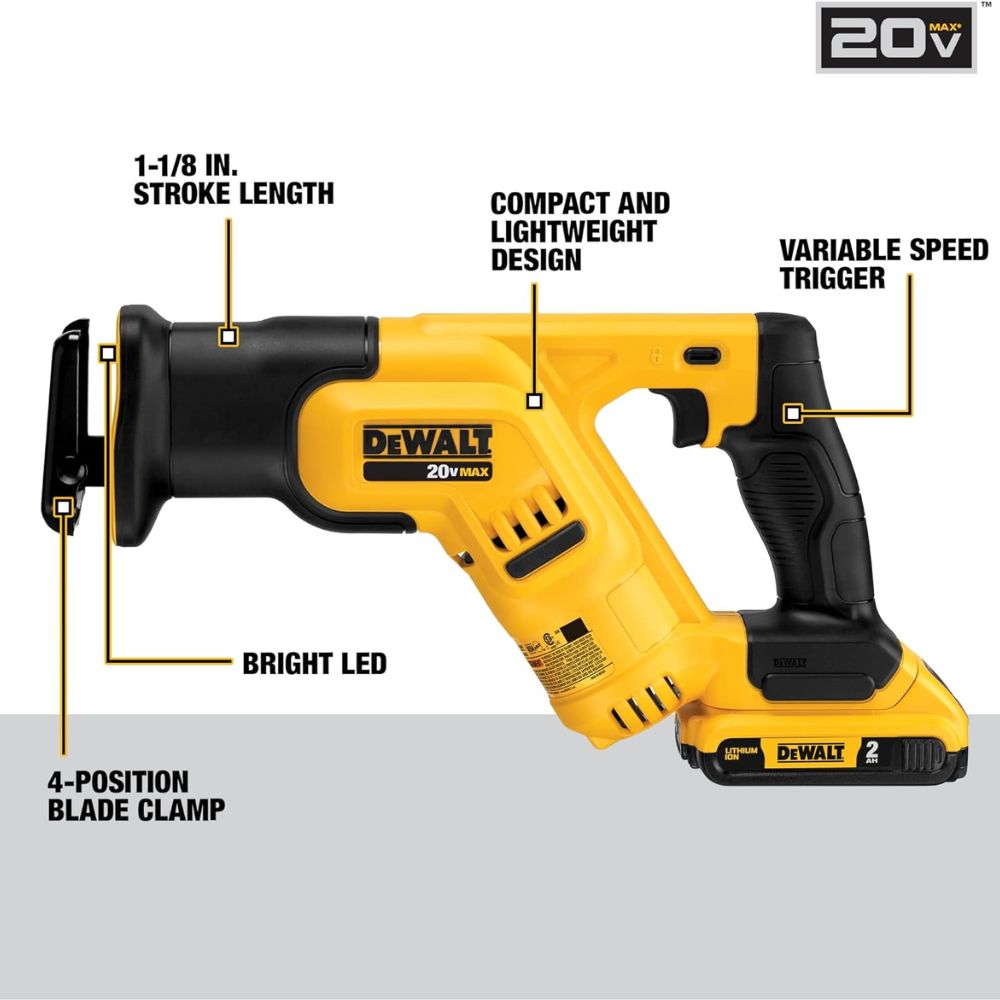 DeWalt DCS387D1 20V Max Lithium Ion Cordless Reciprocating Saw Kit, Compact, 2-Amp Hour