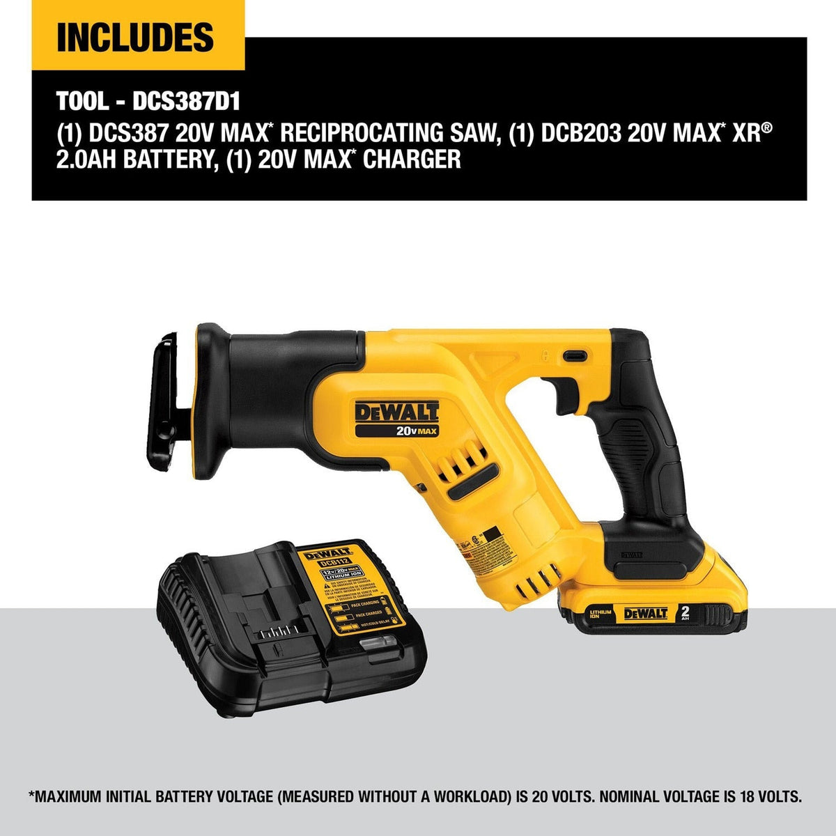 DeWalt DCS387D1 20V Max Lithium Ion Cordless Reciprocating Saw Kit, Compact, 2-Amp Hour