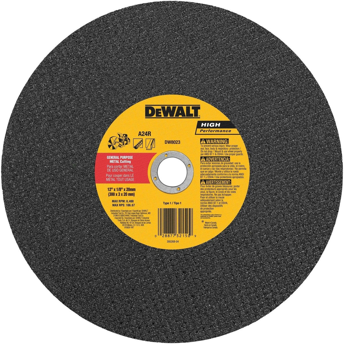 DeWalt DW8023 12" x 1/8" x 20mm Metal Cutting High Speed Cut-Off Wheel