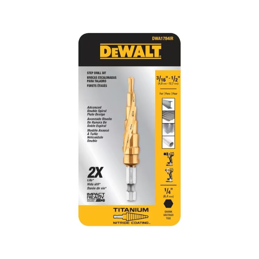 DeWalt DWA1784IR 3/16" - 1/2" 6 Step Titanium Nitride Coating Impact Ready Step Drill Bit