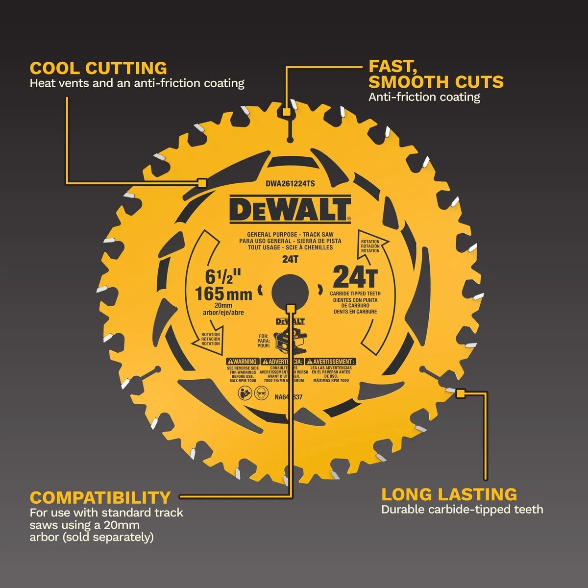 DeWalt DWA261224TS 6-1-2" 24T General Purpose Track Saw Blade with 20 mm Arbor