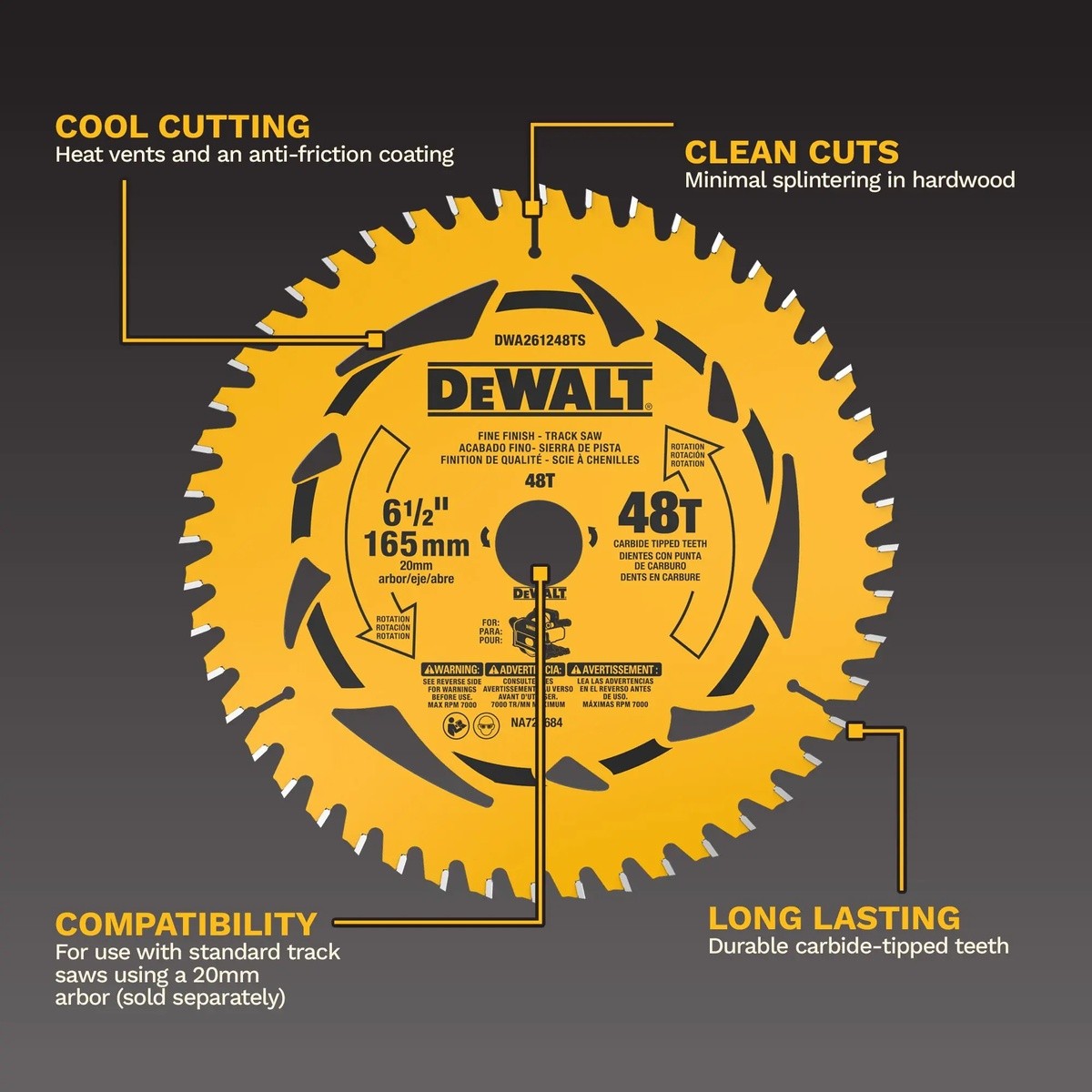 DeWalt DWA261248TS 6.5" 48T Fine Finish Carbide Track Saw Blade 20mm Arbor