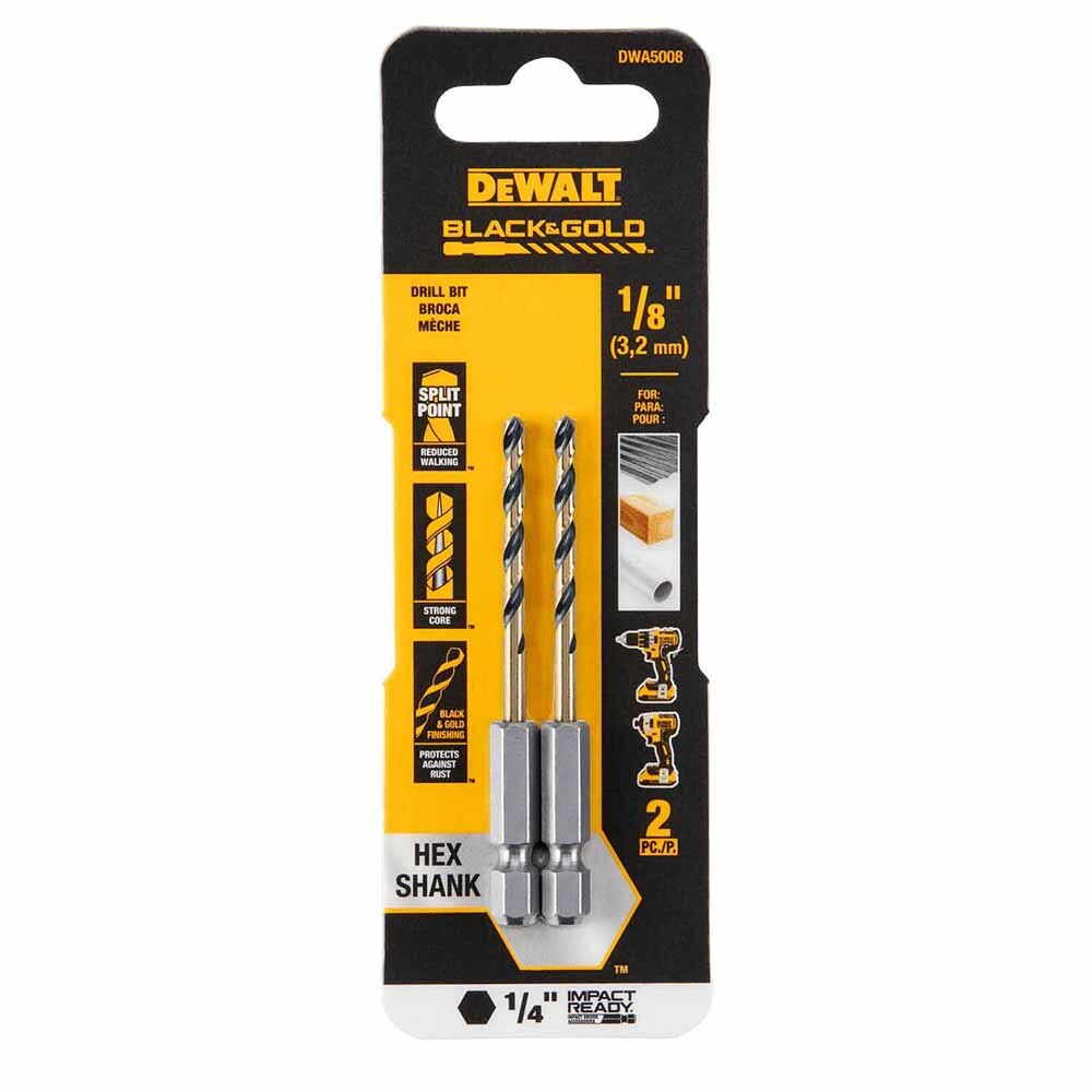 DeWalt DWA5008 1/8" Black & Gold Impact Ready Metal Drill Bit