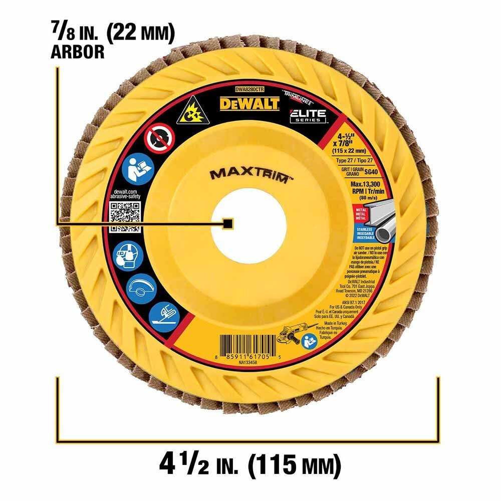 DeWalt DWA8280CTR ELITE SERIES 4-1/2 X 7/8 40G T27 Trimmable Flap Disc