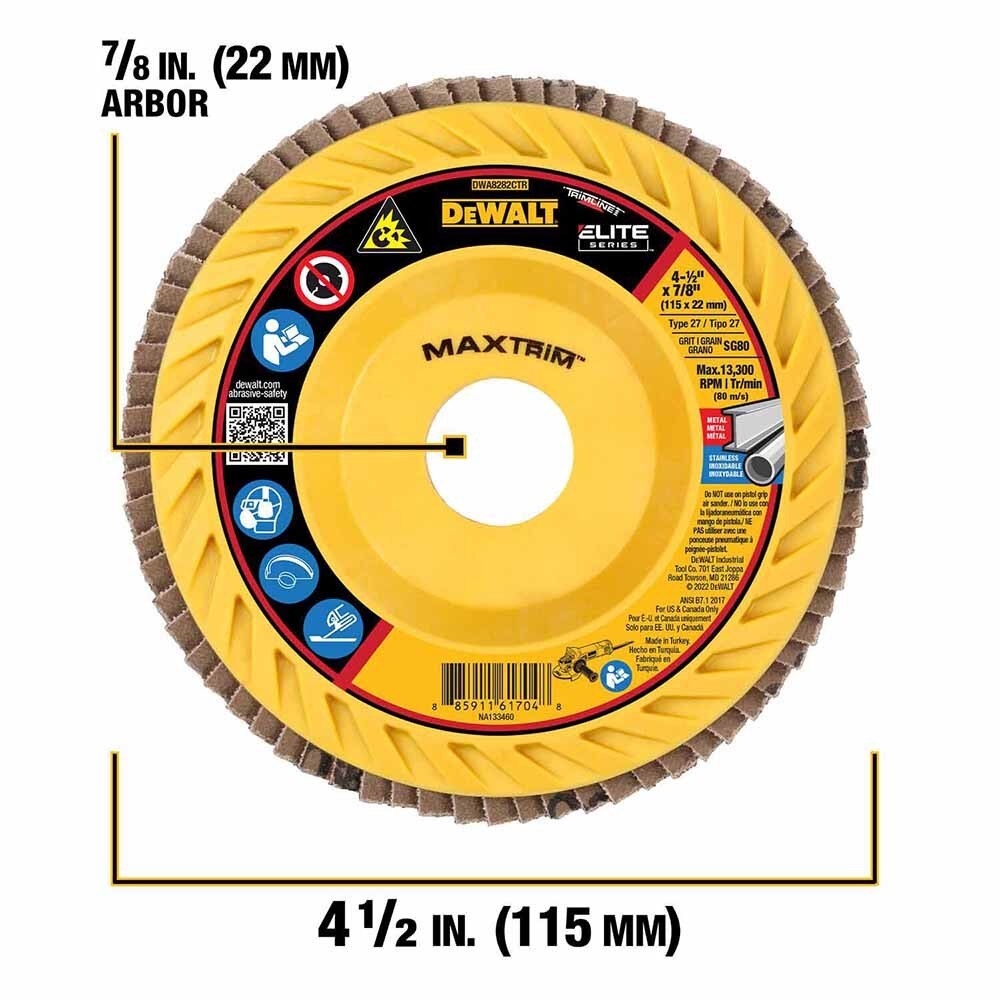 DeWalt DWA8282CTR ELITE SERIES 4-1/2 X 7/8 80G T27 Trimmable Flap Disc
