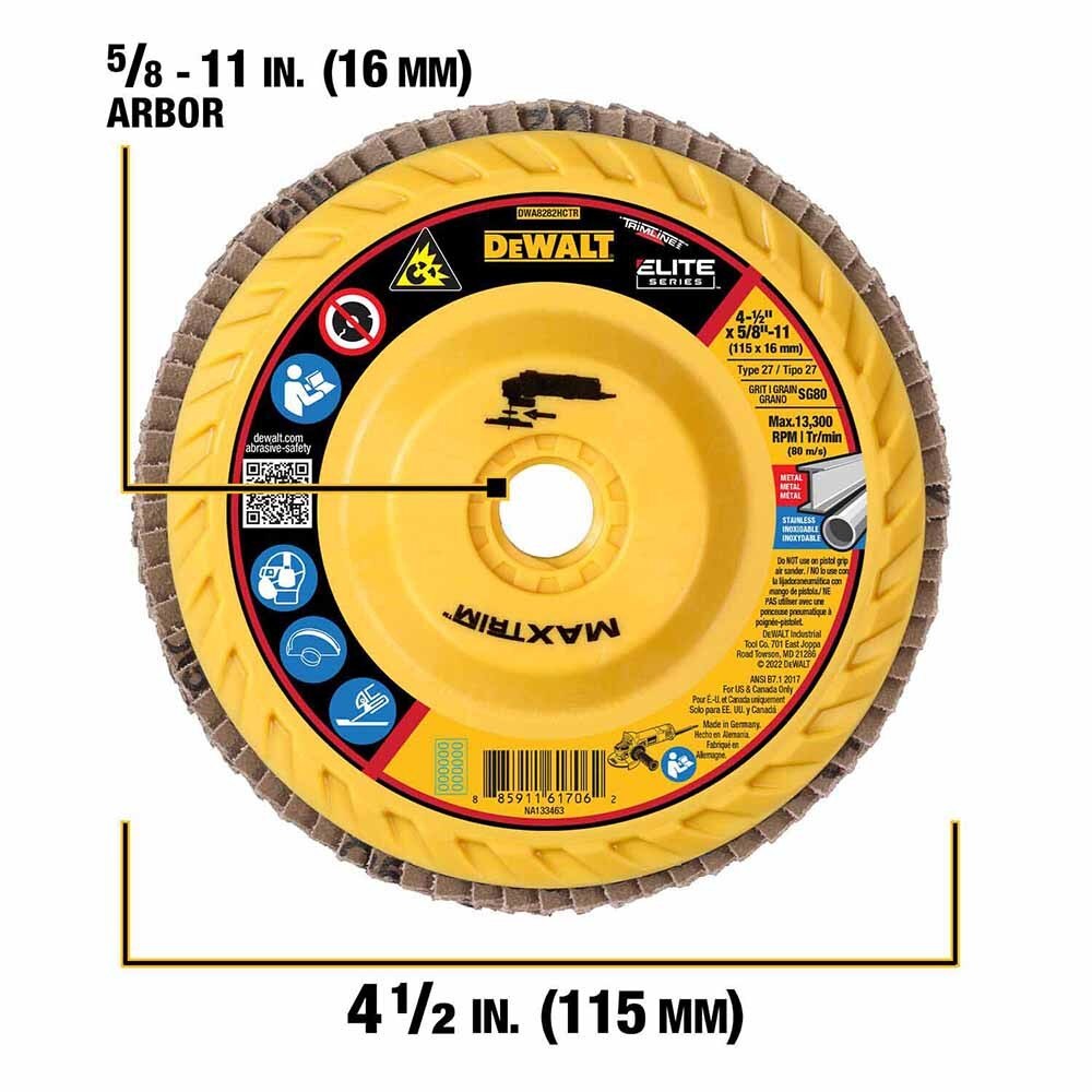 DeWalt DWA8282HCTR ELITE SERIES 4-1/2X5/8-11IN 80G T27 Trimmable Flap Disc