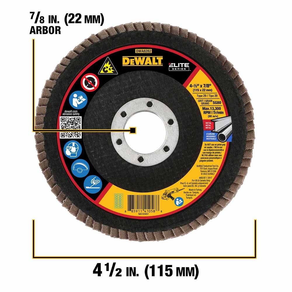 DeWalt DWA8282 ELITE SERIES 4-1/2 X 7/8 80G T29 Flap Disc