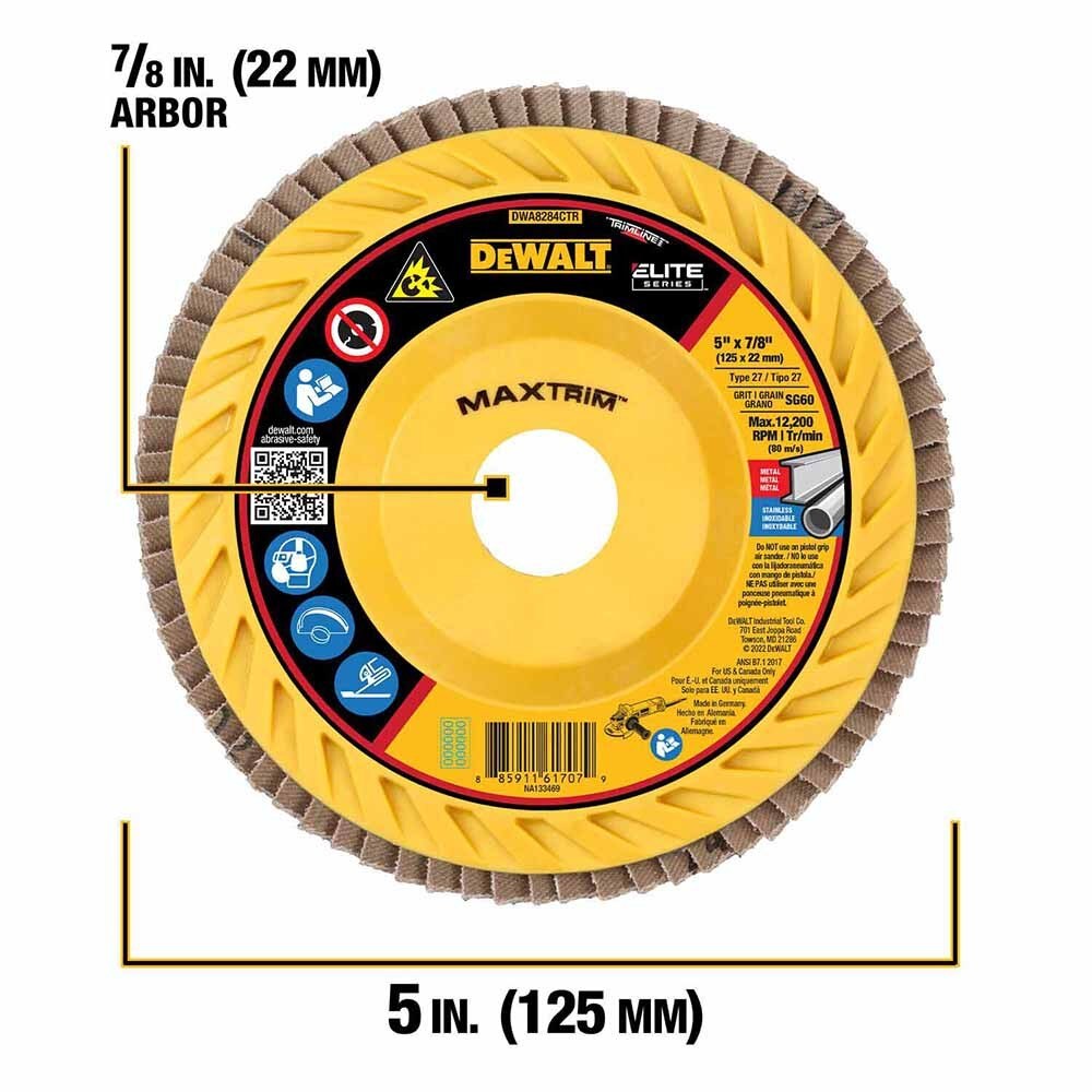 DeWalt DWA8284CTR ELITE SERIES 5 X 7/8 60G T27 Trimmable Flap Disc