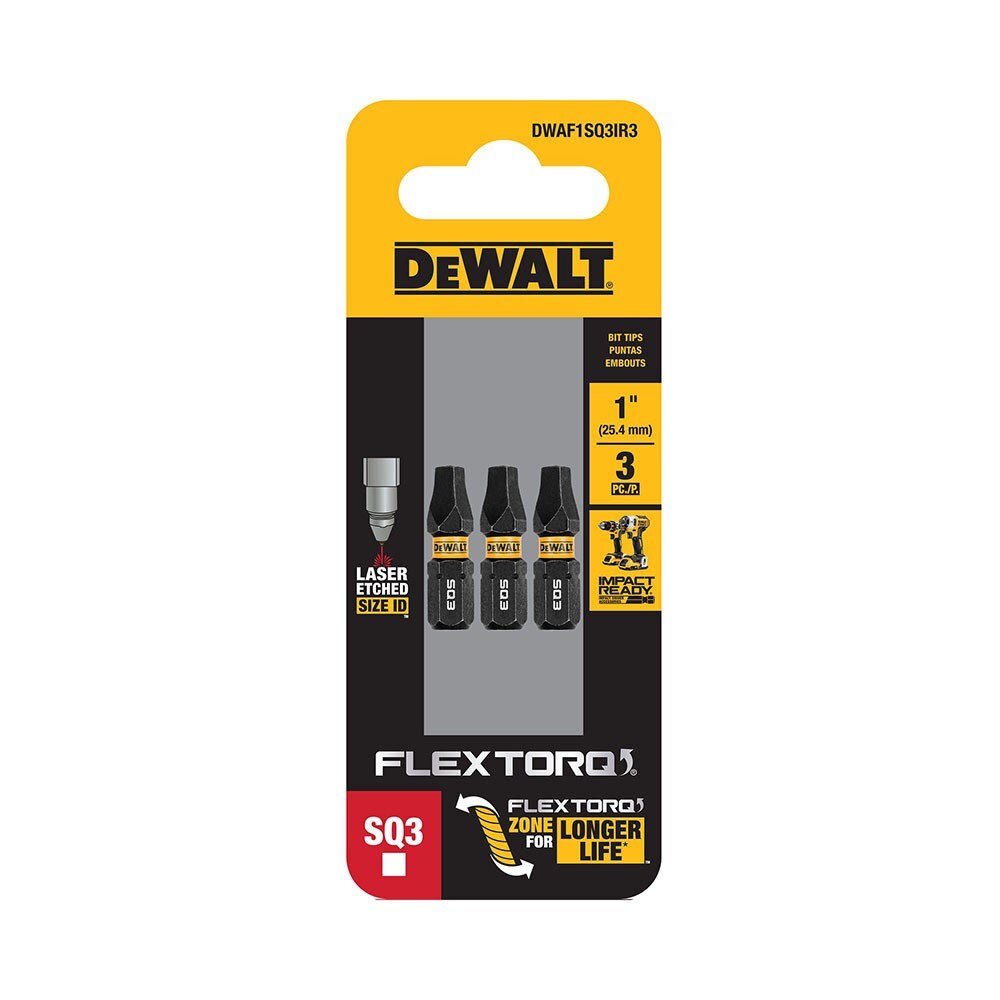 DeWalt DWAF1SQ3IR3 SQ3 FLEXTORQ 1/4 x 1in Impact Driver Bits, 3-Pack