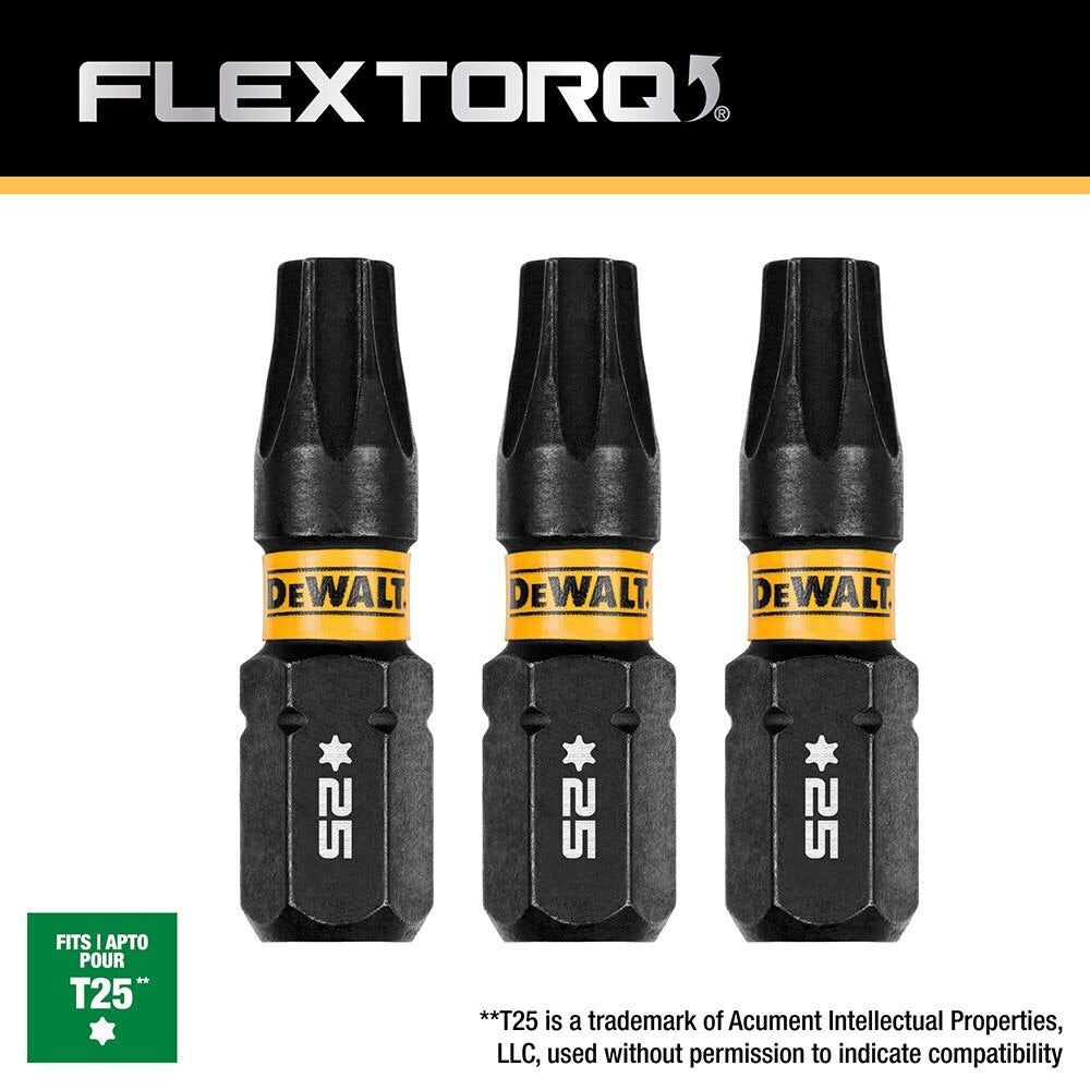 DeWalt DWAF1TX25IR3 T25 FLEXTORQ 1/4 x 1in Impact Driver Bits, 3-Pack