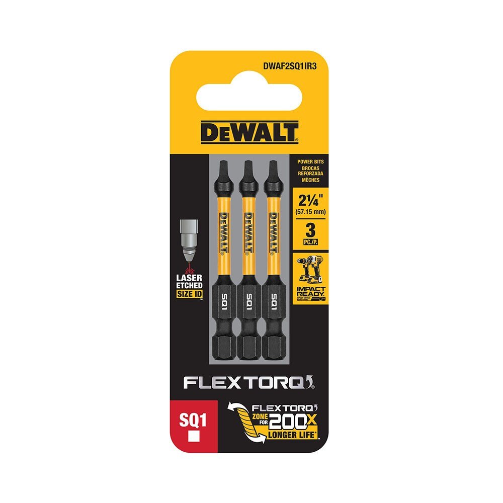 DeWalt DWAF2SQ1IR3  SQ1 FLEXTORQ 1/4 x 2.25in Impact Driver Bits, 3-Pack