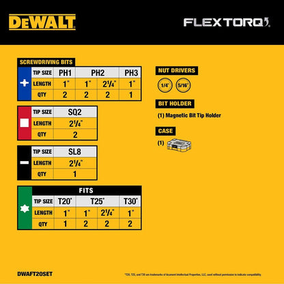 DeWalt DWAFT20SET FLEXTORQ Impact Driver Bit Set w/ Case, 20-Pack