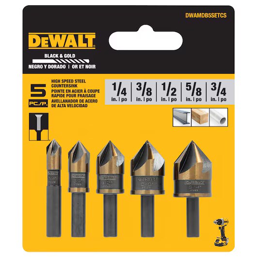 DeWalt DWAMDB5SETCS 82 Degree HSS Metal Countersink Bit Set Black and Gold (5 Piece)