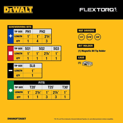 DeWalt DWANGFT26SET FLEXTORQ Impact Driver Bit Set w/ Case, 26-Pack