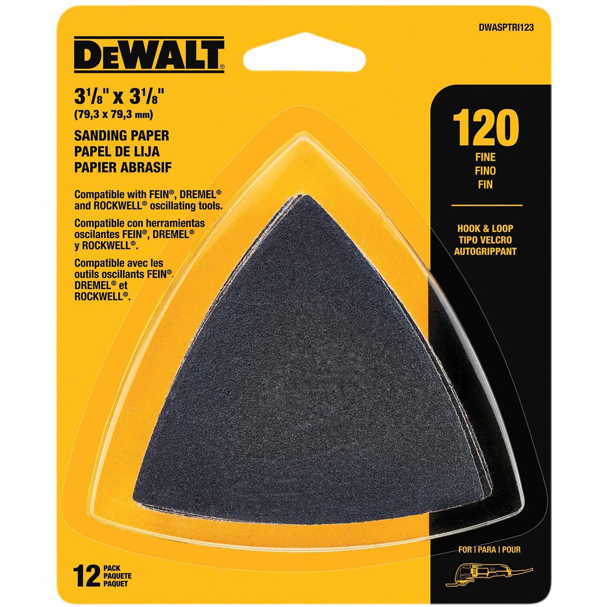 DeWalt DWASPTRI123 Hook And Loop Triangle 120 Grit Sandpaper - 12 PK