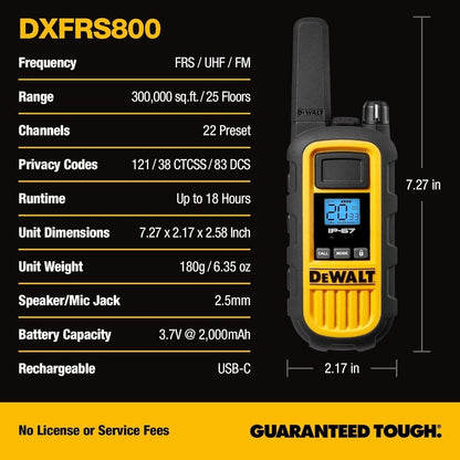 DeWalt DXFRS800-BCH6 2 Watt Heavy Duty Waterproof Shock Resistant Long Range Rechargeable Two-Way Radios with VOX (6 Pack with Gang Charger)