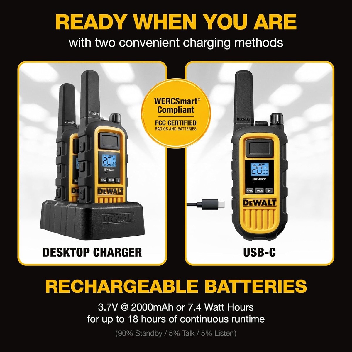 DeWalt DXFRS800-BCH6 2 Watt Heavy Duty Waterproof Shock Resistant Long Range Rechargeable Two-Way Radios with VOX (6 Pack with Gang Charger)