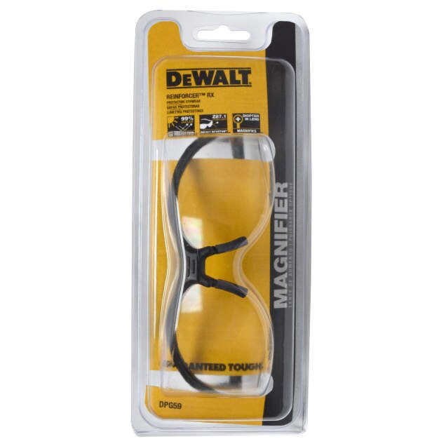 Dewalt DPG59-125D Reinforcer RX Glasses, Black Frame, Clear Lens, 2.5 Diopter