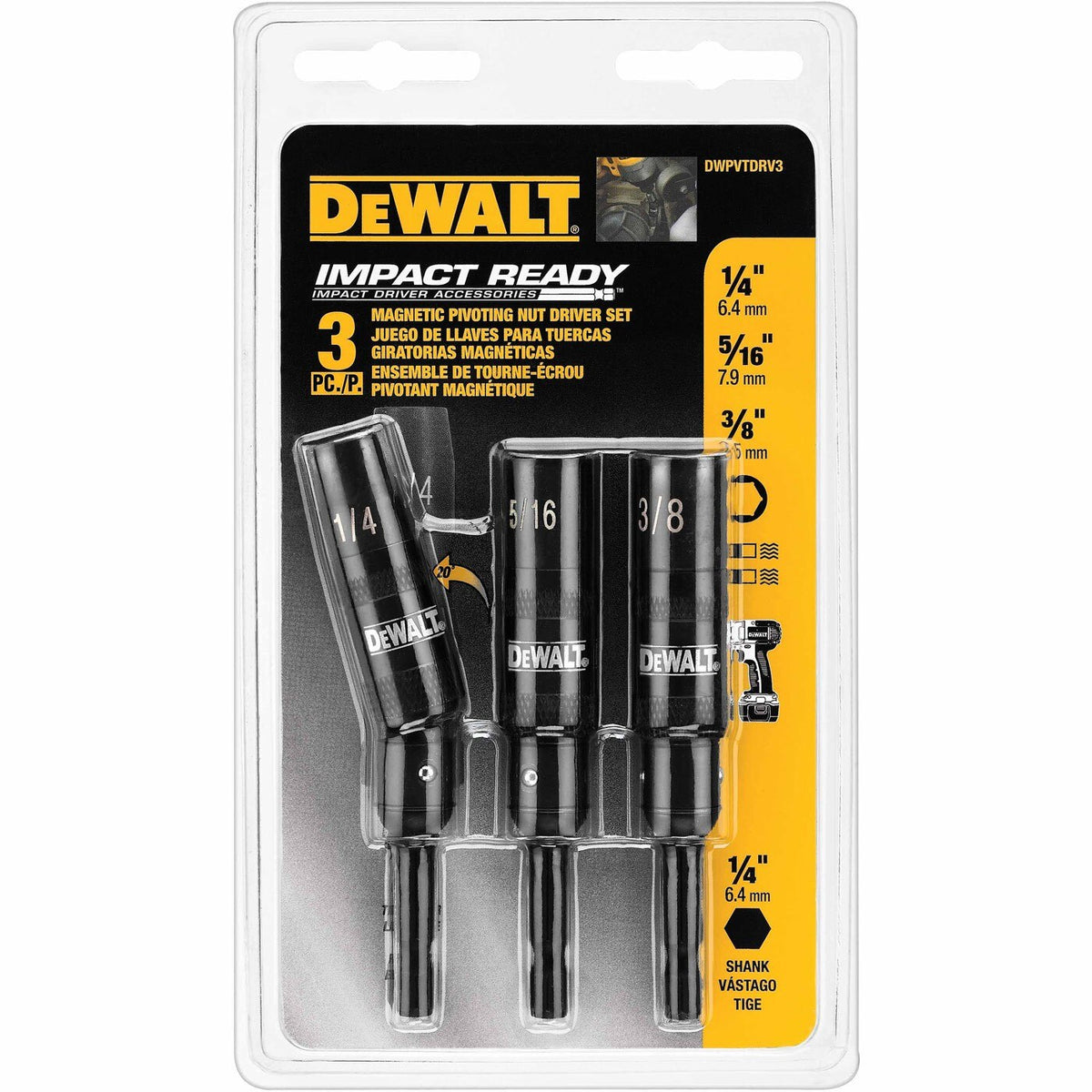 DeWalt DWPVTDRV3 3 Piece Magnetic Impact Ready Pivoting Nut Driver Set