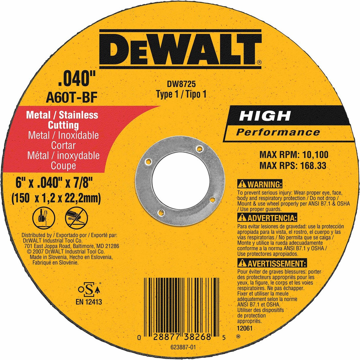 DeWalt DW8725 6" x .040" x 7/8" Thin Metal Cutoff