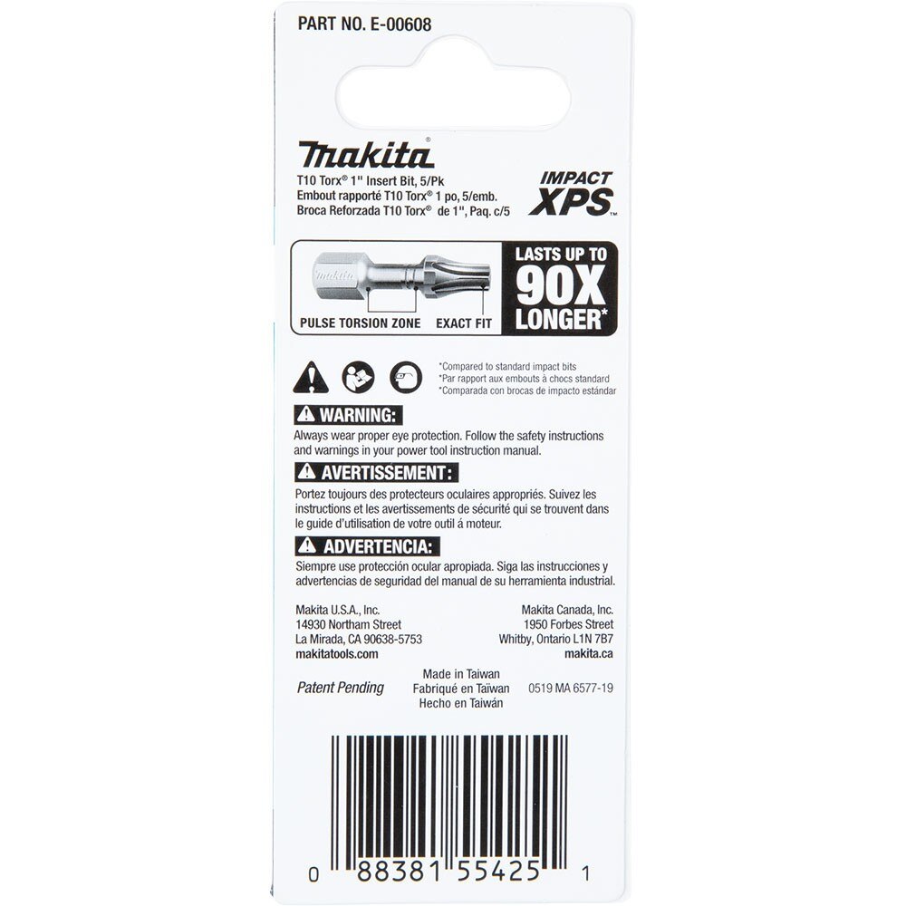 Makita E-00608 Impact XPS T10 Torx 1" Insert Bit, 5 Pack