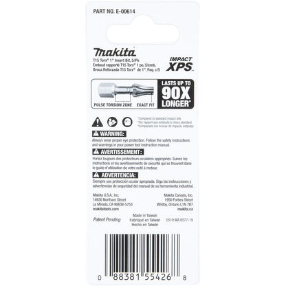 Makita E-00614 Impact XPS T15 Torx 1" Insert Bit, 5 Pack