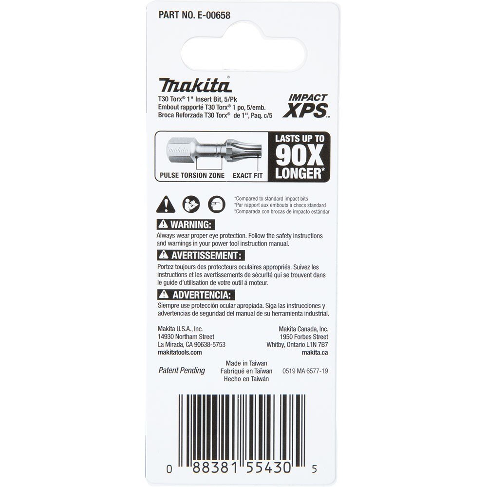 Makita E-00658 Impact XPS T30 Torx 1" Insert Bit, 5 Pack