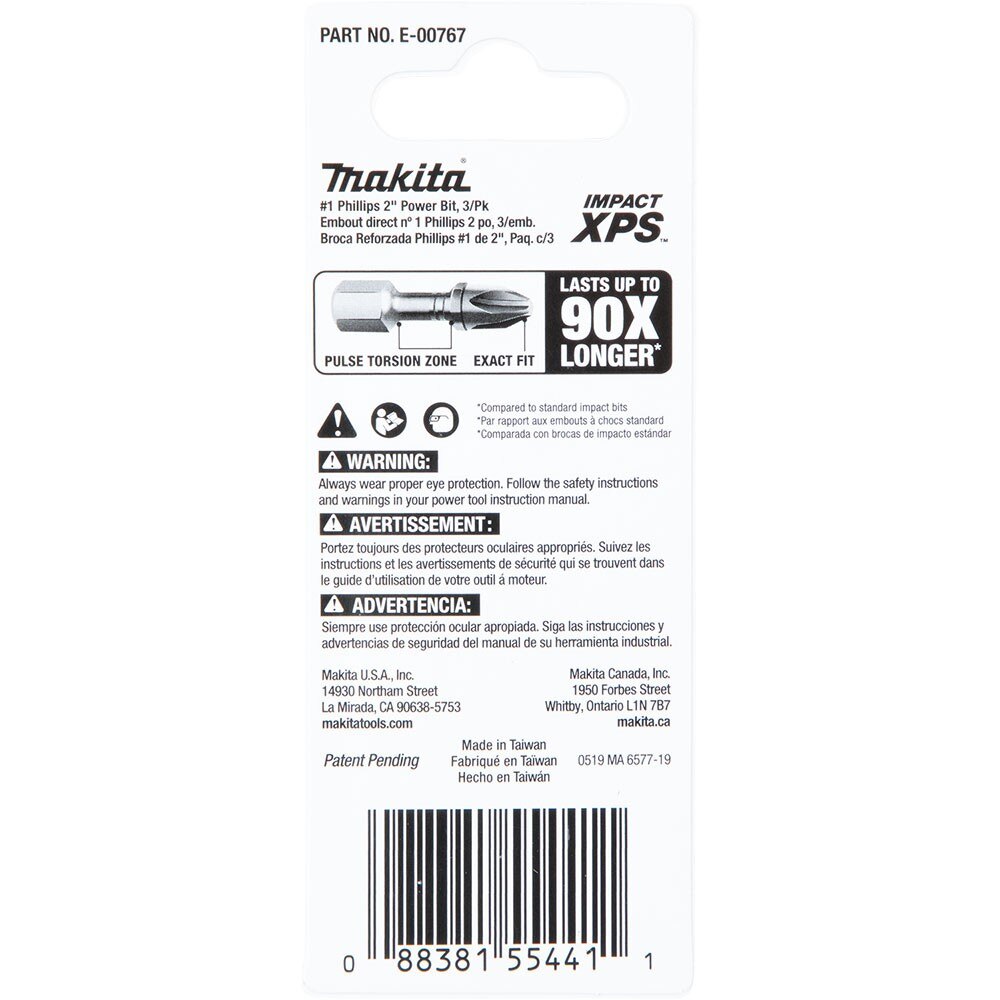Makita E-00767 Impact XPS #1 Phillips 2" Power Bit, 3 Pack