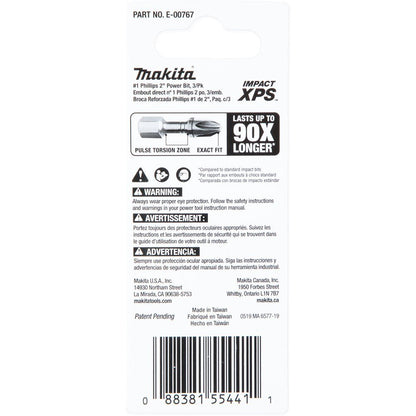 Makita E-00767 Impact XPS #1 Phillips 2" Power Bit, 3 Pack