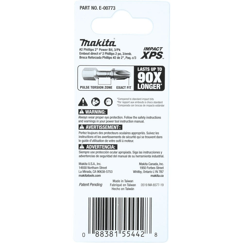 Makita E-00773 Impact XPS #2 Phillips 2" Power Bit, 3 Pack