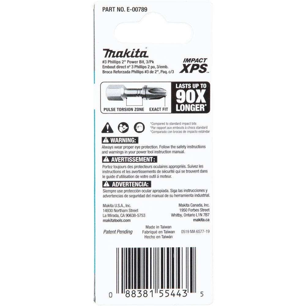 Makita E-00789 Impact XPS #3 Phillips 2" Power Bit, 3 Pack