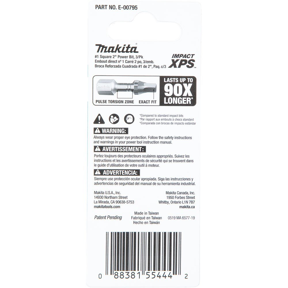 Makita E-00795 Impact XPS #1 Square 2" Power Bit, 3 Pack