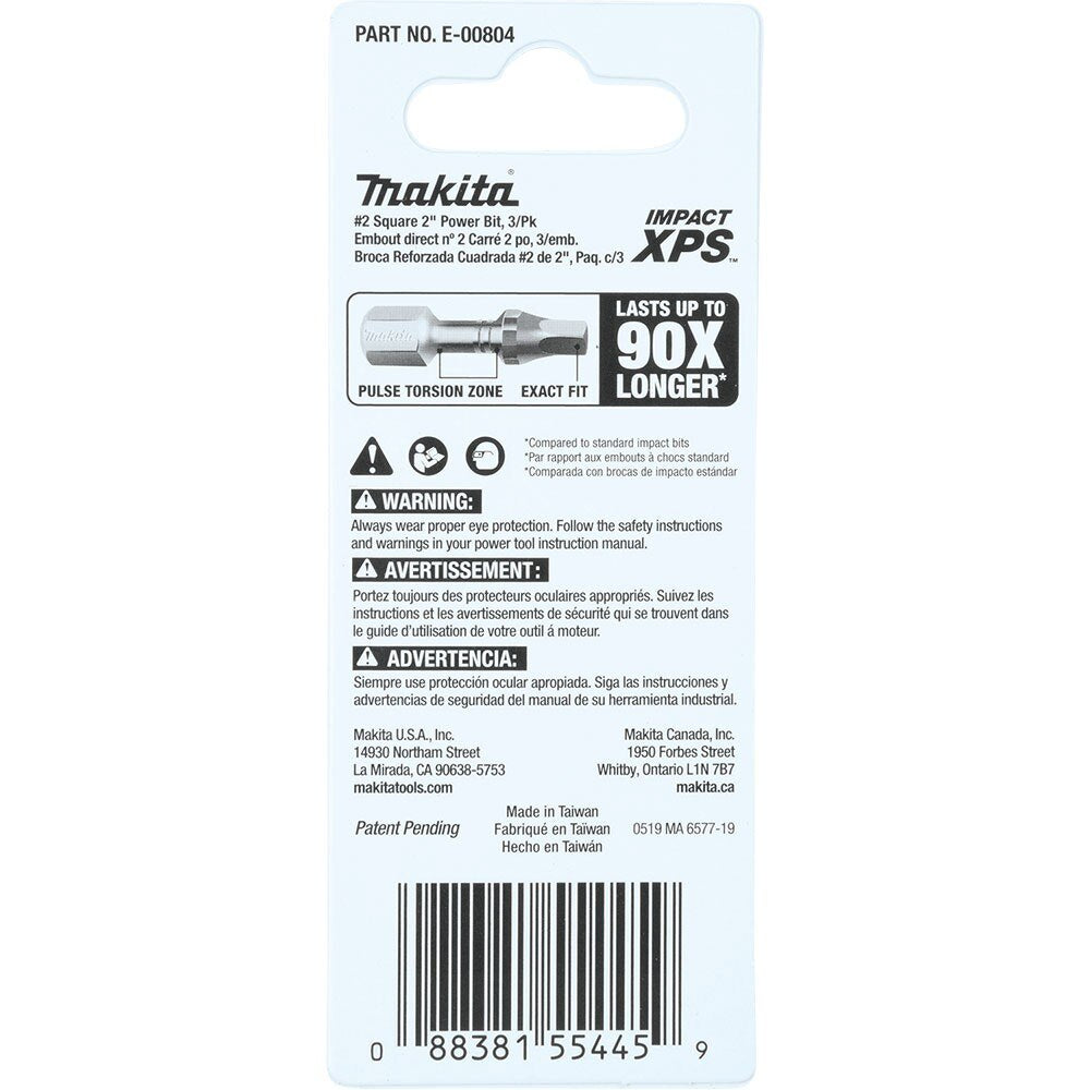 Makita E-00804 Impact XPS #2 Square 2" Power Bit, 3 Pack