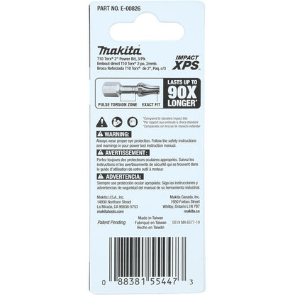Makita E-00826 Impact XPS T10 Torx 2" Power Bit, 3 Pack