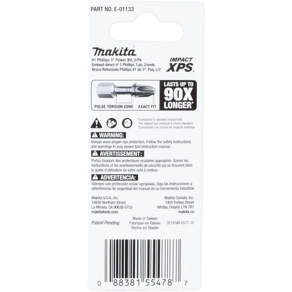 Makita E-01133 Impact XPS #1 Phillips 3" Power Bit, 2 Pack