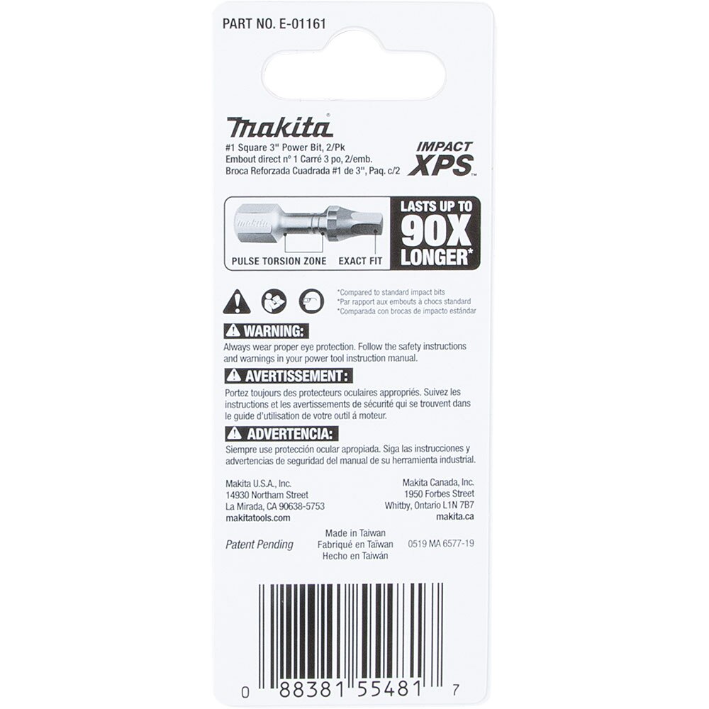 Makita E-01161 Impact XPS #1 Square 3" Power Bit, 2 Pack