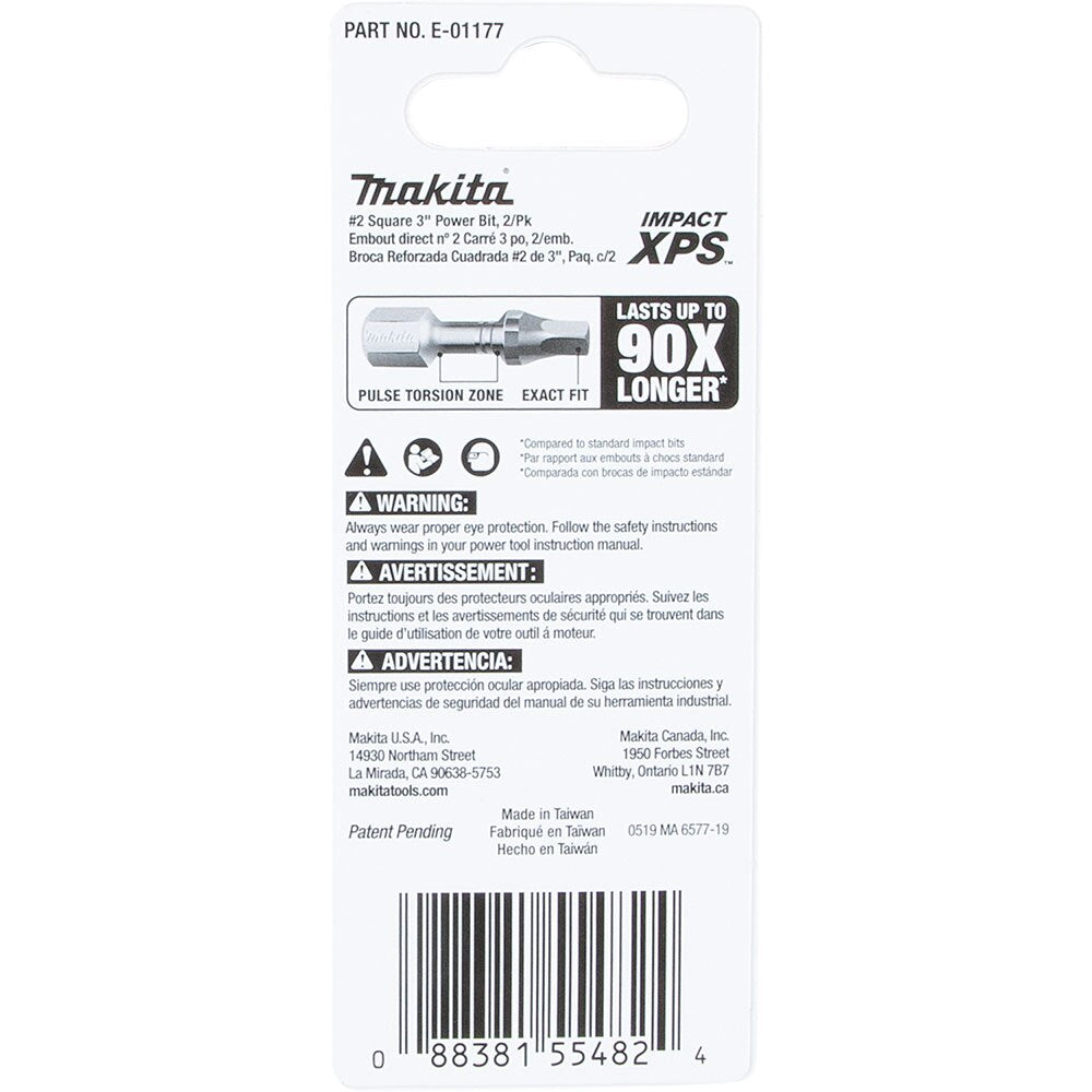 Makita E-01177 Impact XPS #2 Square 3" Power Bit, 2 Pack